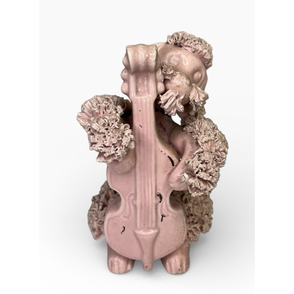 Vintage Pink Spaghetti Poodle Figurine Playing Cello Instrument Dog Puppy Rare - Picture 1 of 9